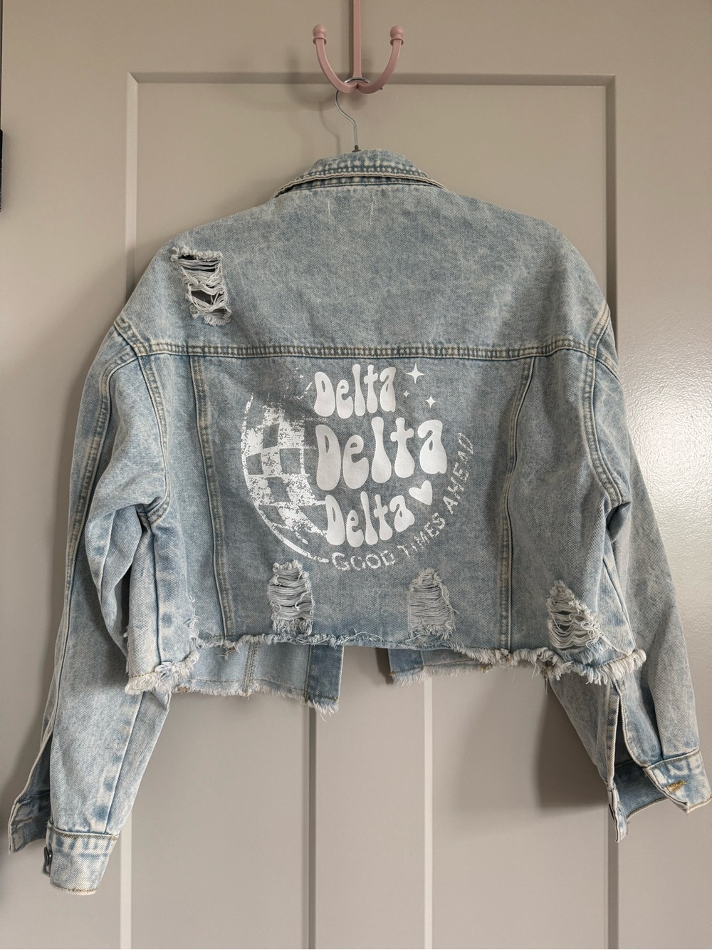 Delta Delta Delta Sorority Distressed Light Blue Cropped Denim Jacket